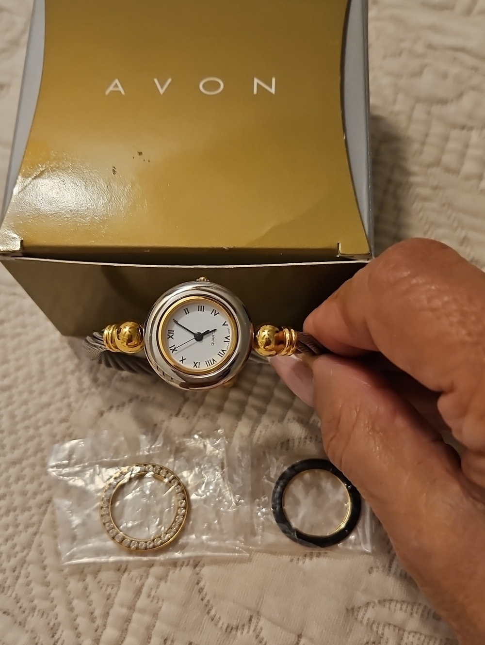 Avon 1997 Bangle Watch Two Tone With 3 Interchangeable Faces NIB